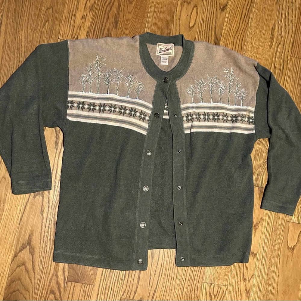 Woolridge Vtg 90’s Ramie Blend Dark Olive Green‎ and Tan Cardigan w/Tree Pattern